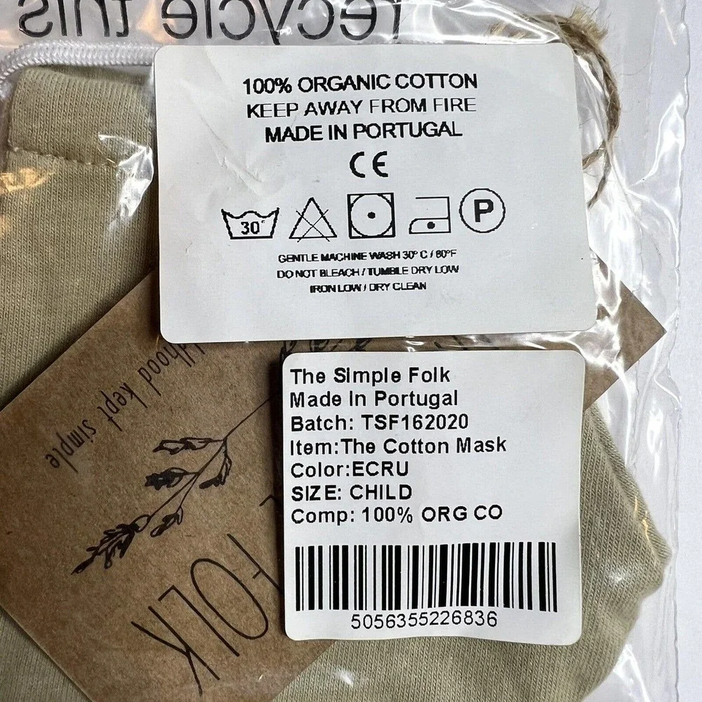 The Simple Folk Organic Cotton Childrens Face‎ Mask Ecru New